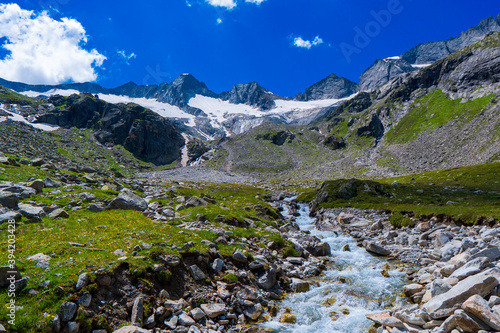Mountain river valley landscape in Hohe Tauern Austrian Alps, Europe