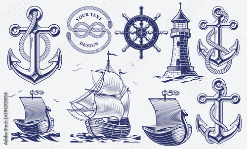 A set of black and white vintage nautical illustrations isolated on white background