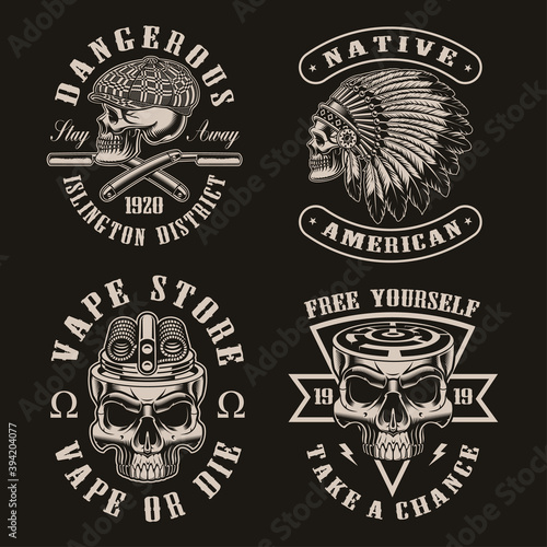 A set of black and white vector skull illustrations on dark background