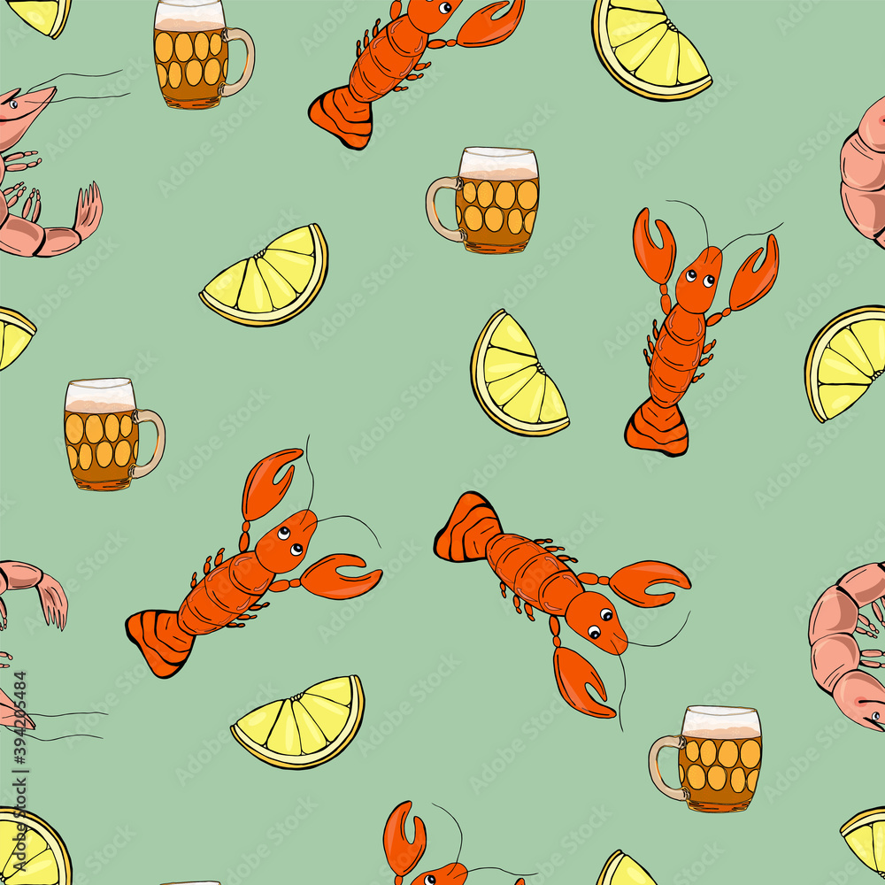 Light beer with snacks. Hand drawn cartoon style illustration. Beverage, lime shrimp and lobster. Glass cup. Bright colors. Mexican style beer. Light beer with snacks. Hand drawn cartoon style illustration. Beverage, lime shrimp and lobster. Glass cup. Bright colors. Mexican style beer.