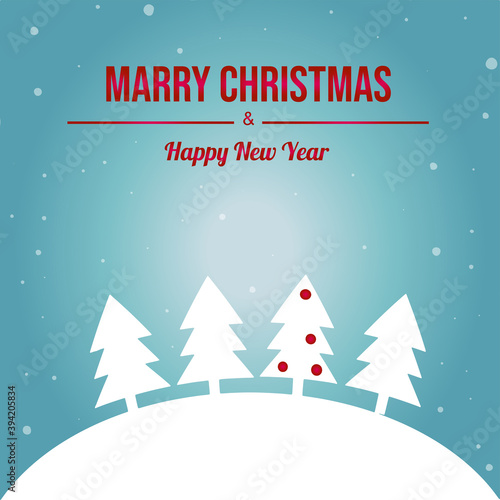 Merry Christmas and Happy New Year vector design for greeting cards and poster. Merry Christmas  with a winter landscape  with snowflakes  Christmas trees on a blue background. Vector illustration.