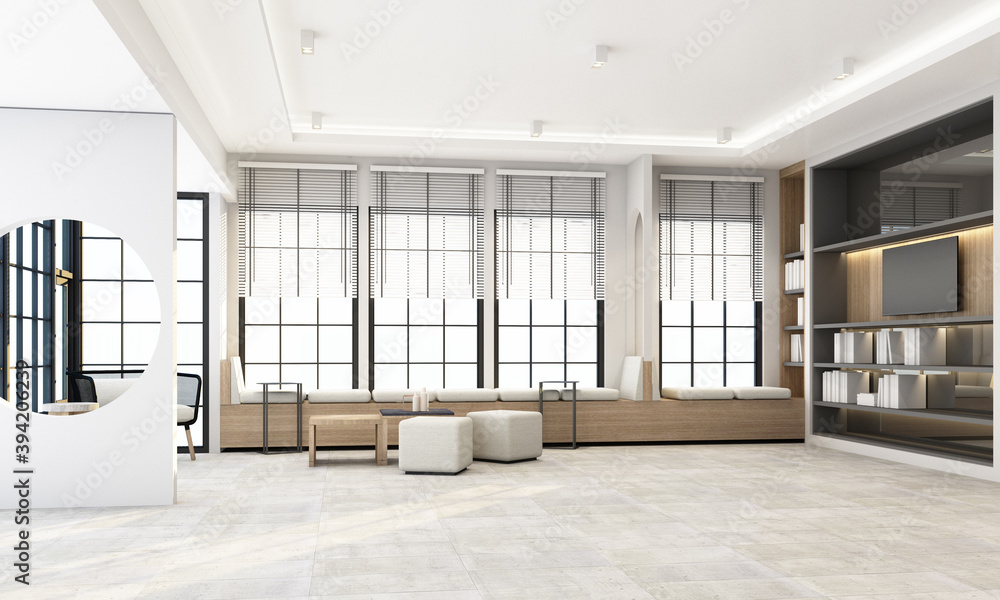 Living area in modern office have wooden texture bay windows seating and white wall decoration by geometric form and book shelf with concrete floor 3d rendering Living area in modern office have wooden texture bay windows seating and white wall decoration by geometric form and book shelf with concrete floor 3d rendering