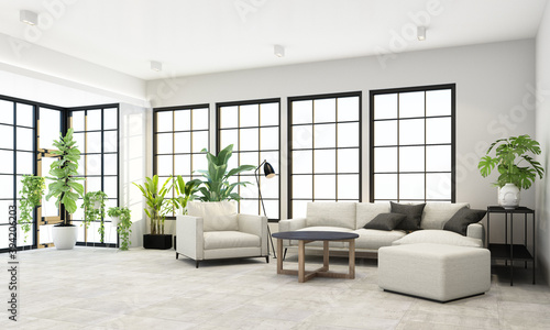 Interior concept of memphis design  grey fabric Armchair and sofa set surrounding by green plant on black frame window and sunlight 3d rendering