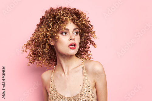 Attractive woman Scared look portrait model curly hair background