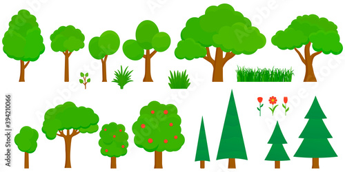 Collection of flat vector trees isolated on white background for environmental or game design.