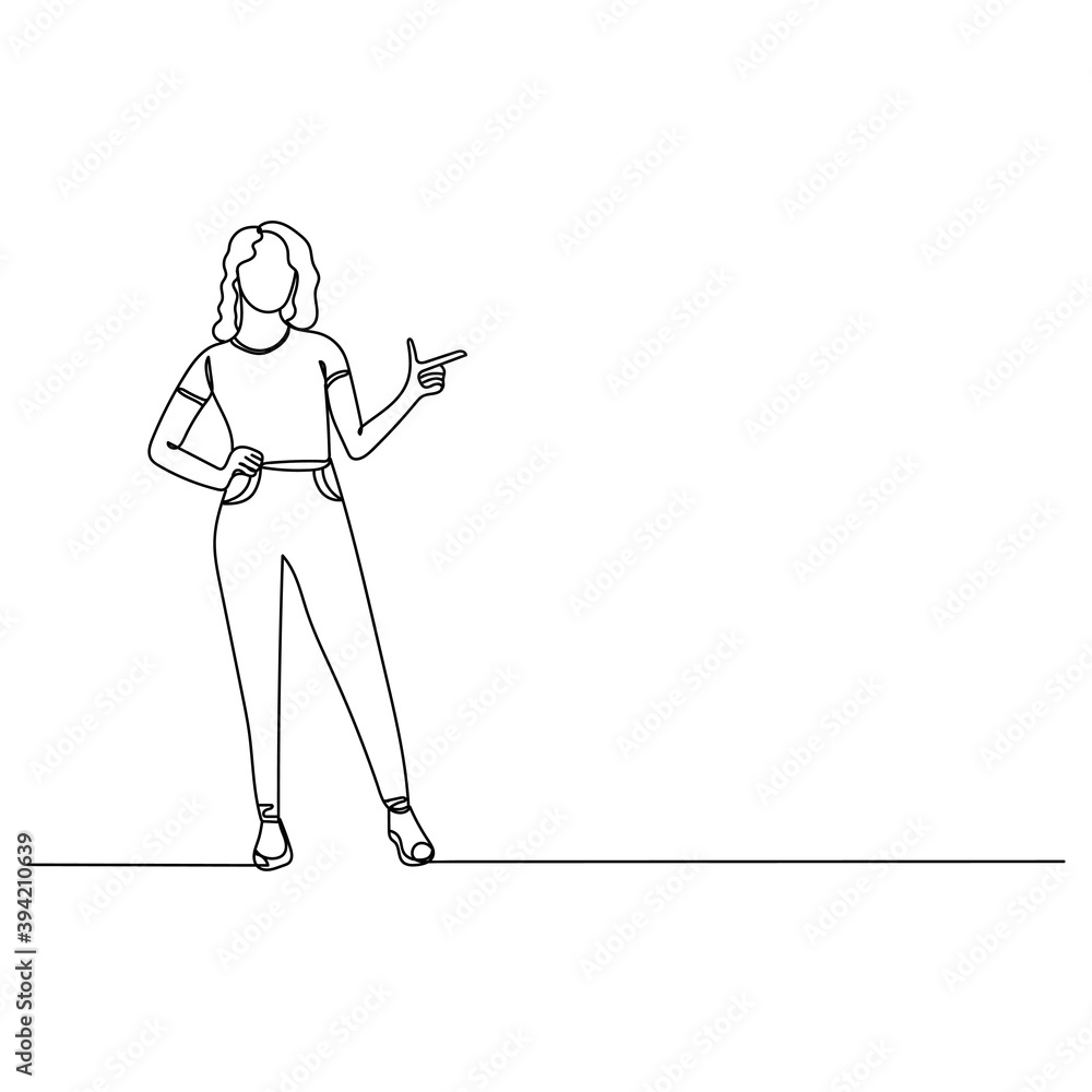 Full size vector illustration of girl point index finger. One line drawing. Vector illustration continuous line drawing. Full size vector illustration of girl point index finger. One line drawing. Vector illustration continuous line drawing.