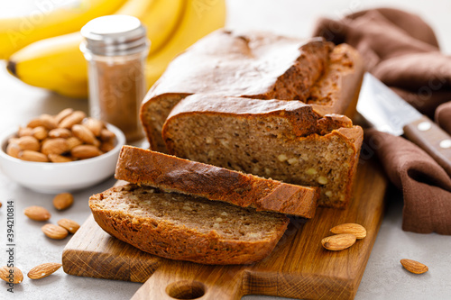 Banana bread with almond nuts and cinnamon