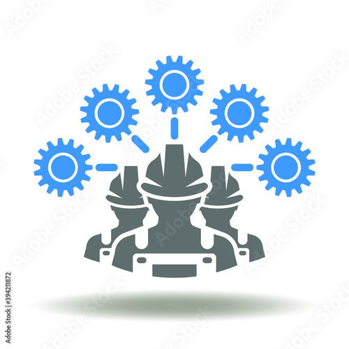 Worker team gears over heads icon vector. Industry roles responsibilities symbol.