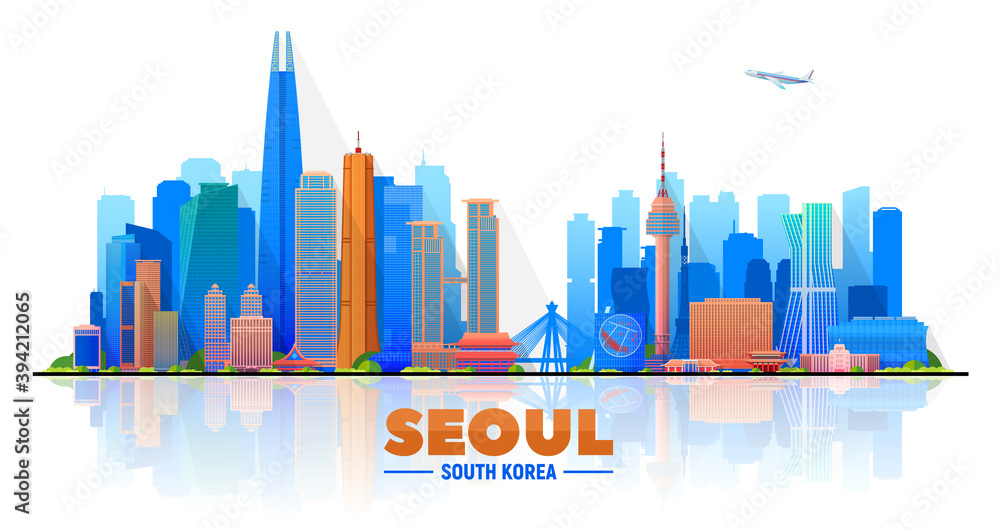 Seoul (Korea) city skyline on a white background. Flat vector illustration. Business travel and tourism concept with modern buildings. Image for banner or web site.