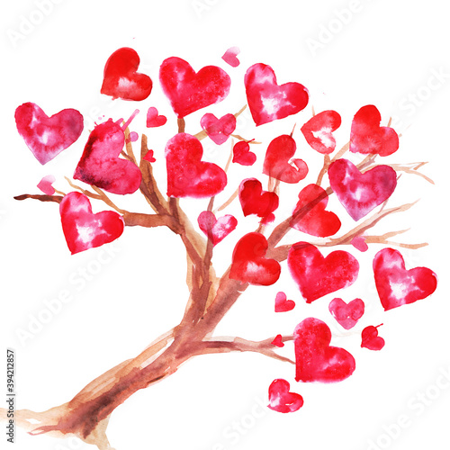 Watercolor tree with hearts.