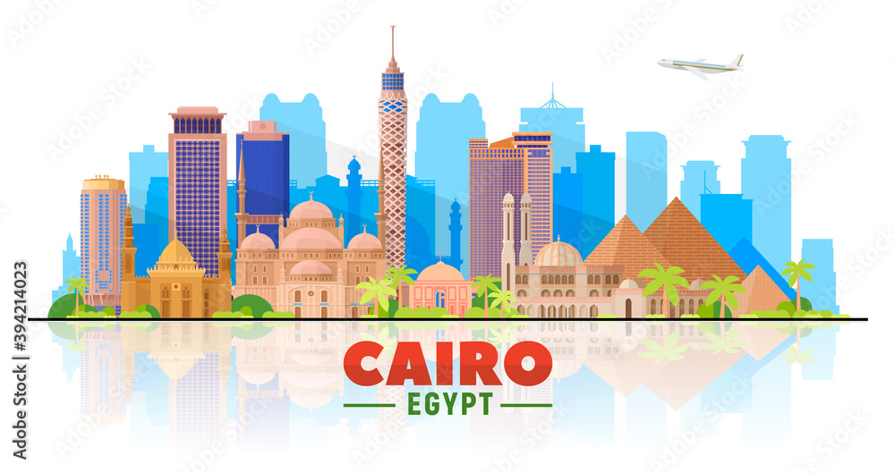 Cairo skyline on a white background. Flat vector illustration. Business travel and tourism concept with modern buildings. Image for banner or web site.