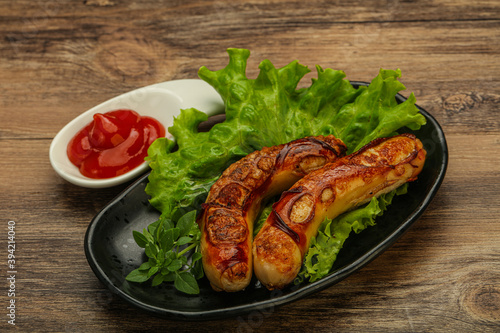 Roasted chicken white sausages with ketchup