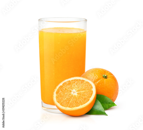 Glass of 100% Orange juice in tall glass with pulp and sliced fruits isolate on white background.