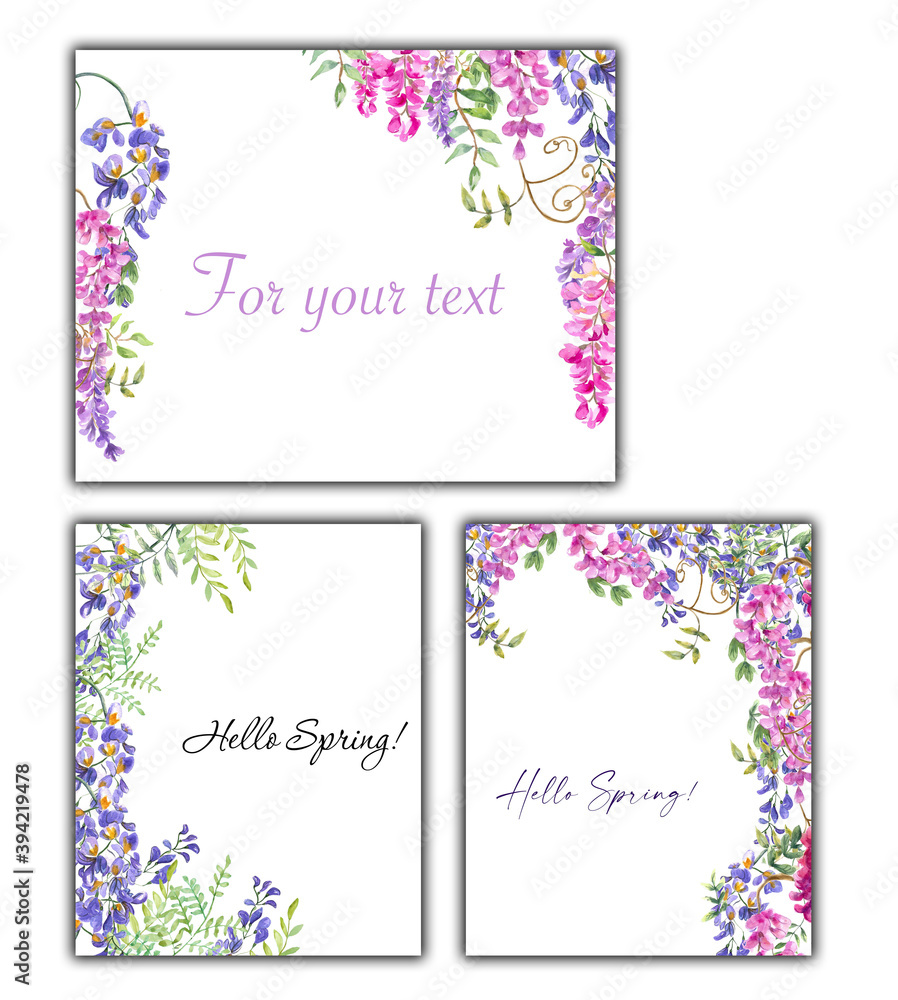 Watercolor illustration. A set of floral cards for text placement. Watercolor templates with wisteria flowers.