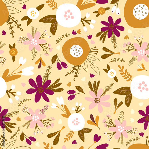 Seamless floral vector pattern with golden, white, and pink flowers and plants. Repeating background flat flowers Scandinavian style. Use for fabric, wallpaper, gift wrap, home decor.