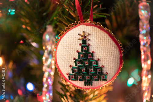 Handmade beaded tree Christmas tree decoration, ornament. Christmas card photo