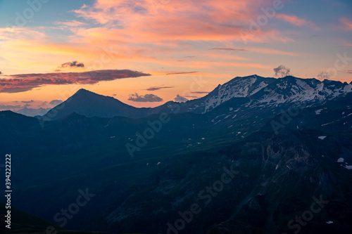 Morning in the mountains of Grossglockner Hochalpenstraesse in Alps austria, hohe tauern national park. beautiful sunrise in the Alps