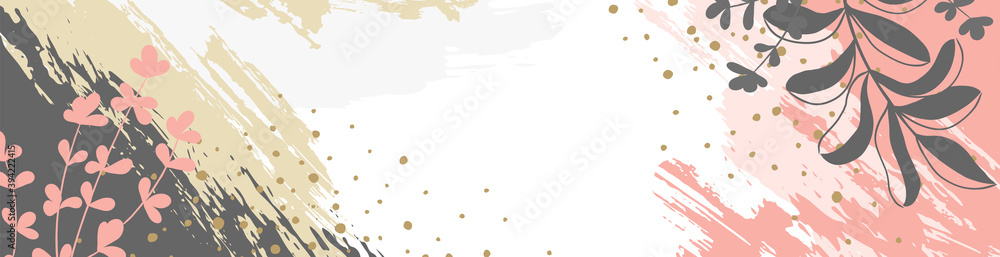 Textured banner with leaves, branch and plants. Abstract natural elements in trendy doodle style for holiday. Paint modern trendy vector background, template, greeting card, frame. Stylish, minimal Textured banner with leaves, branch and plants. Abstract natural elements in trendy doodle style for holiday. Paint modern trendy vector background, template, greeting card, frame. Stylish, minimal
