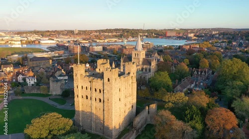Rochester, United Kingdom - October 22, 2020: Aerial view of historical Rochester in autumn tints at sunset. photo