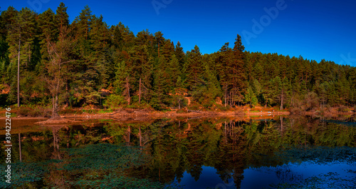 Colorful reflections in the lake. Bozcaarmut lake in Bilecik Turkey in the autumn. photo