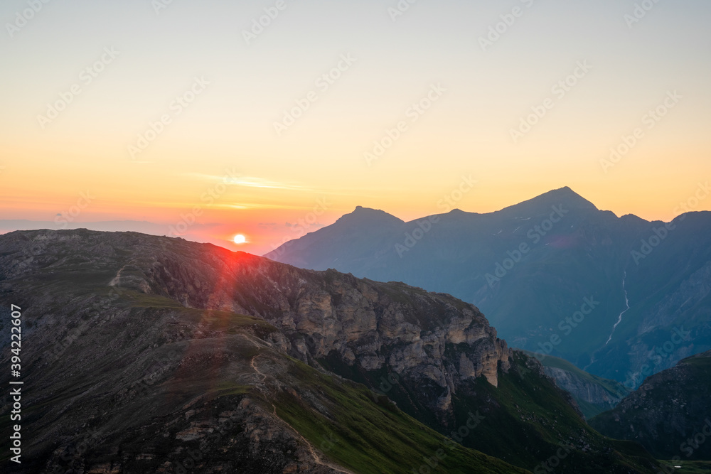 Morning in the mountains of Grossglockner Hochalpenstraesse in Alps austria, hohe tauern national park. beautiful sunrise in the Alps