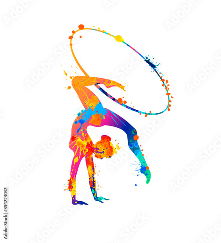 Rhythmic gymnastics girl with hoop. Vector dancer silhouette of splash paint