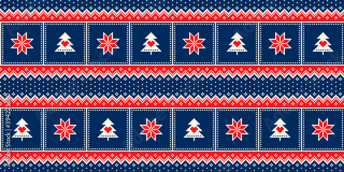 Winter Holiday Pixel Pattern with a Christmas Symbols. Christmas Star and Christmas Tree Seamless Squared Ornament. Vector Scheme for Knitted Sweater Pattern Design or Cross Stitch Embroider.