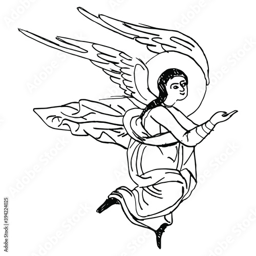 Flying Christian angel. Hand drawn linear doodle ink sketch. Black silhouette on white background.