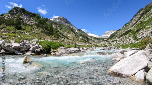 A rushing torrent in the Austrian Alps. The meadow around it is overgrown with lush green grass. In the back there is a glacier. Sunny and bright day. Power of the nature. Remedy and serenity