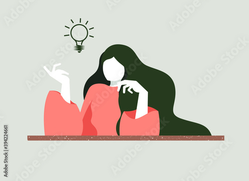 Vector illustration of a girl who caught the idea.
Pondering different options for thoughts, the girl caught a wave of inspiration to translate this into reality. Eureka.