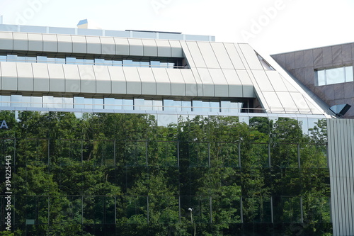 A modern building with a glass facade. There are trees reflecting in the facade making impression or illusion of green space or area in a business district.