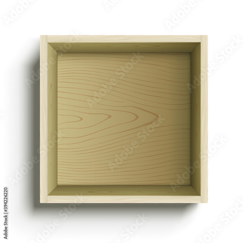 Vector wooden box with shadow, isolated on a white background. Square shape wooden box, hanging on wall, or standing on surface. Small empty box, to be used for object placement, or design decoration.