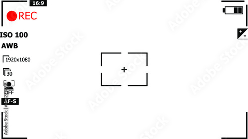 Video recording frame on camera screen with different settings and modes, vector illustration, template for design.