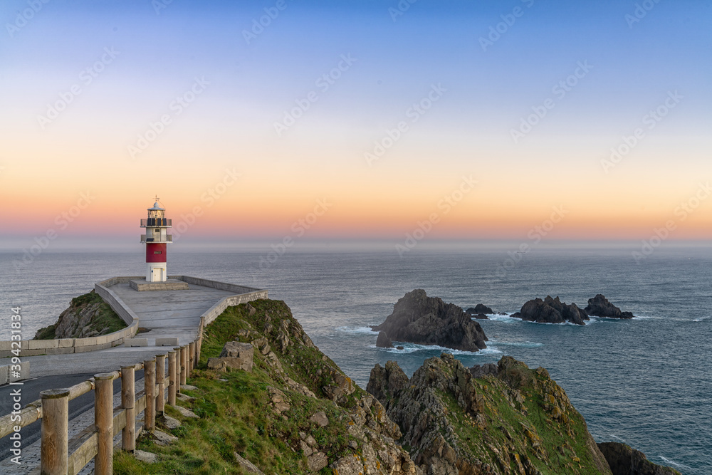 Cabo Ortegal lighthouse on the coast of Galicia at sunrise