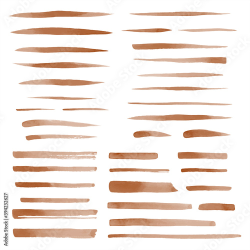 Set of vector coffee brown watercolor brush strokes, uneven lines, stripes, underlines, doodle streaks, smears. Hand drawn design elements collection, text backgrounds. Coffeehouse, cafe templates.