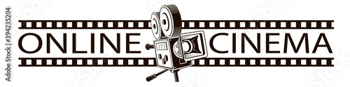 online cinema poster with retro film camera isolated on white background