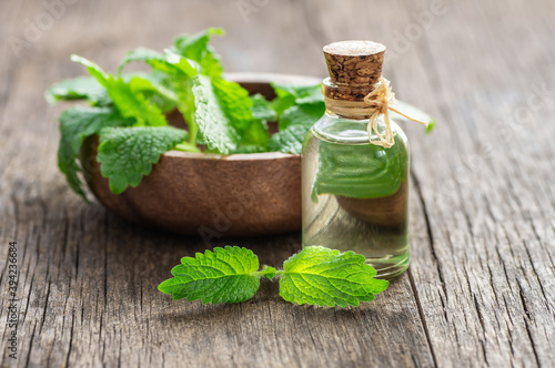 Glass bottle of melissa (lemon balm) essential oil with fresh melissa leaves, herbal medicine concept, aromatheraphy