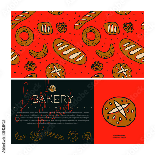 Bakery shop vector set design templates and branding elements in red colors. Bread seamless pattern with minimal illustrations  icons for baking  bakehouse logo design template  and packaging design.