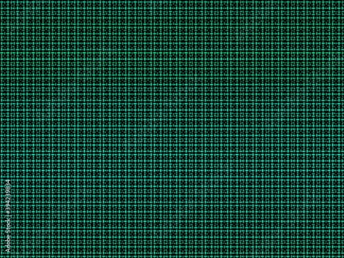 Green Woven Grid on Black Background. Intersecting horizontal and vertical tightly-woven strands create a basketweave grid pattern in shades of green on black background.