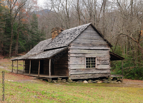 Old Abandoned Wooden House At Cherokee Orchard Road Of Great Smoky Mountains National Park Tennessee On A Cloudy Autumn Day