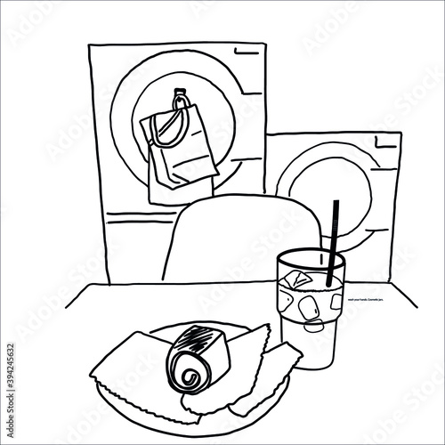 laundry's room.  laundry. vector eps 10. black outline. Washer. American home. basement. dryer for clothes. dirty clothes. soda, poppy seed bun, cinnamon. cleaning.