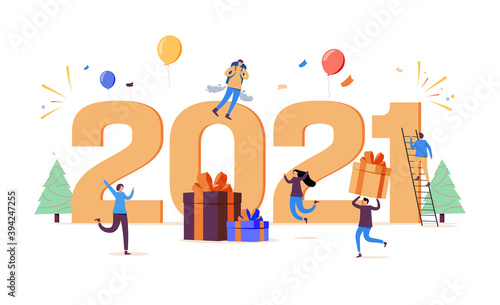 Vector illustrations little people get ready for the New Year, are engaged in decoration, the inscription New Year 2021.