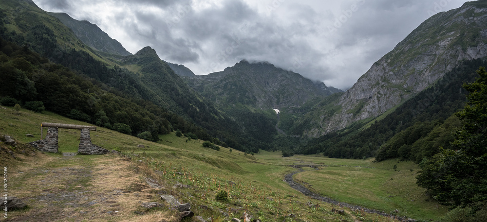 View of Artiga de Lin valley, a protected natural area, located in the municipalities of Es Bordes and Vielha cities, in the region of Aran valley, Catalan Pyrenees, Spain.
