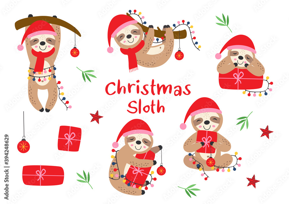 Fototapeta premium set of isolated Christmas sloths with gifts