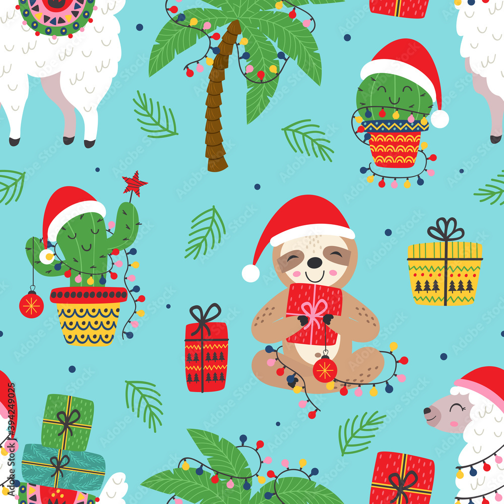 Fototapeta premium seamless pattern with Christmas sloth, llama and cactus