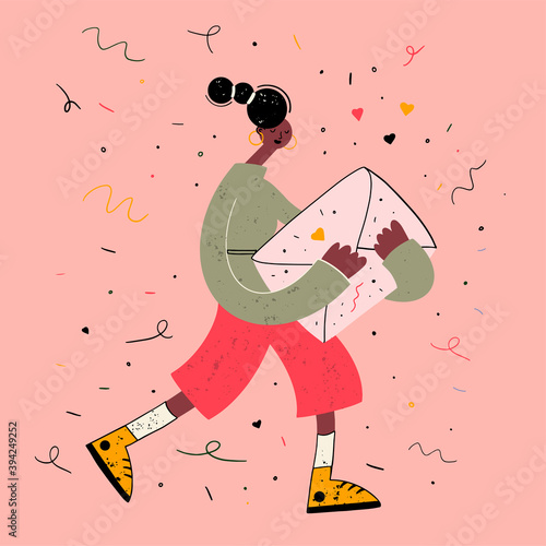 Girl holds a love letter in hand. Flat line design