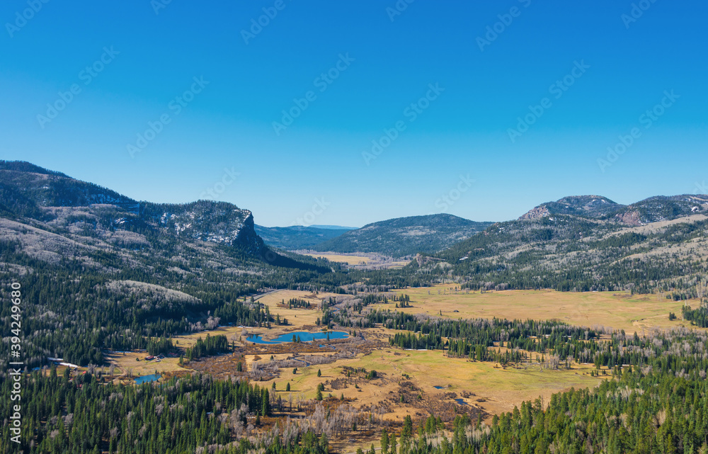 Mountain valley with lake and forest