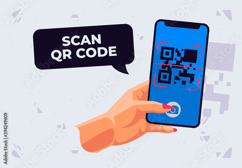 vector illustration of hand holding a smartphone to scan a qr code, scan the qr code with the camera phone
