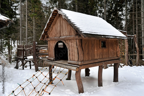 House for kids in playground. Winter day..