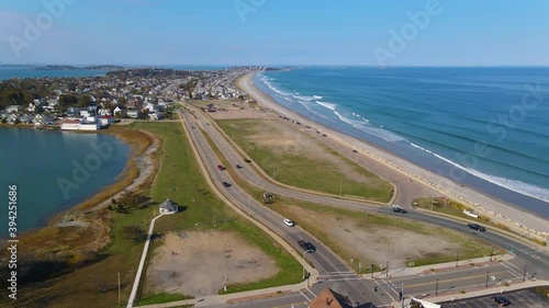 Nantasket Beach, Weir River and Hingham Bay aeral view with fall foliage in town of Hull, Massachusetts MA, USA.  photo